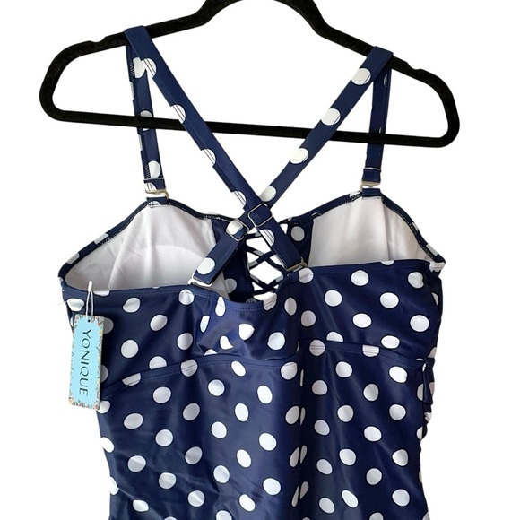 NWT | YONIQUE NAVY BLUE & WHITE POLKA DOT PLUS SIZE RUCHED SWIMSUIT | SIZE: 18 W - Picture 6 of 9